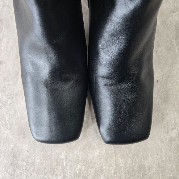 Black Leather Tall Heeled Boots Knee High Block Heel Square Toe Minimalist Chic - Picture 9 of 15